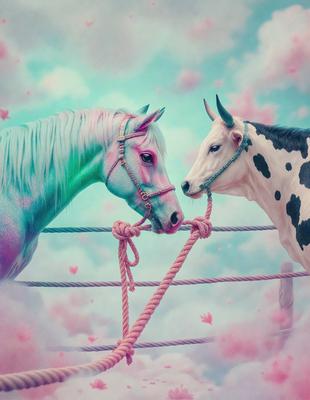 The primary subject of the image is a horse and a cow, both with colorful patterns, standing next to each other. The setting is a cloudy sky, and the visual style appears to be a painting or digital art. The colors and mood of the image are vibrant and lively, with the pink and blue hues of the horse and cow creating a sense of harmony and connection between the two animals.