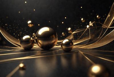 The primary subject of the image is a group of three gold spheres, which are the main objects in the scene. The setting is a black background, which contrasts with the gold spheres, creating a visually striking composition. The visual style of the image is a digital art or illustration, as the gold spheres are depicted in a detailed and realistic manner. The colors and mood of the image are predominantly gold and black, giving it a luxurious and elegant appearance.