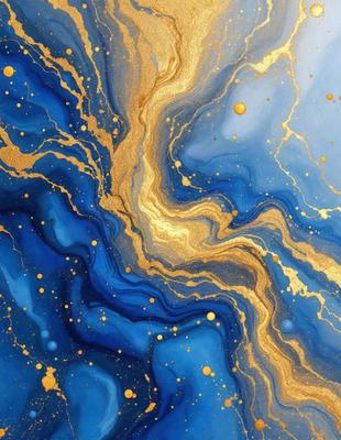 The primary subject of the image is a painting featuring a blue background with gold and yellow accents. The setting is a canvas, and the visual style appears to be a mix of digital art and illustration. The dominant colors are blue, gold, and yellow, creating a vibrant and lively atmosphere.