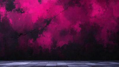 The primary subject of the image is a large, pink, textured wall. The setting is a room with a hardwood floor. The visual style is a painting, and the dominant colors are pink and purple. The overall atmosphere is vibrant and artistic.