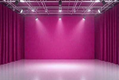 The primary subject of the image is a large, empty room with a pink wall. The setting is a stage or a room with a curtain, and the visual style is a photo. The room has a pink color scheme, giving it a warm and inviting atmosphere.