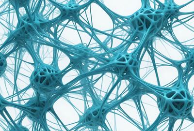 The image features a close-up of a blue nerve cell, showcasing its intricate structure. The primary subject is the nerve cell, which is the main focus of the image. The setting is a white background, which provides a clean and uncluttered environment for the nerve cell to stand out. The visual style is a close-up, which emphasizes the details of the nerve cell. The colors and mood of the image are predominantly blue, which gives the image a calm and soothing atmosphere.