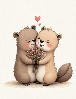 The image features two brown bears, one on the left and the other on the right, holding a bouquet of flowers between them. The bears are smiling, and the flowers are in the shape of hearts. The scene is set in a forest, with the bears standing on a dirt ground. The overall atmosphere is warm and friendly, as the bears appear to be enjoying their time together.