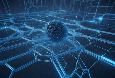 The primary subject of the image is a blue and black sphere, which is the main object in the scene. The setting is a dark background, possibly a night sky, with a web-like pattern visible. The visual style appears to be a combination of digital art and illustration, creating a unique and intriguing atmosphere. The colors and mood of the image are predominantly dark and mysterious, with the blue and black sphere standing out as the focal point.