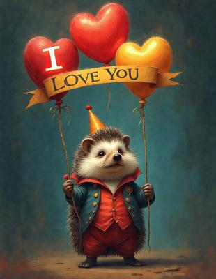The primary subject of the image is a small, cute, and colorful hedgehog holding a balloon. The hedgehog is dressed in a red and blue outfit, and it appears to be wearing a hat. The setting is a painting, and the visual style is a combination of digital art and illustration. The colors and mood of the image are vibrant and cheerful, with the hedgehog holding a heart-shaped balloon, which adds to the overall warm and loving atmosphere.