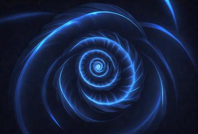 The primary subject of the image is a spiral pattern, which is a blue and white swirl. The setting is a dark background, which contrasts with the spiral pattern. The visual style is a digital art or illustration, as the spiral pattern appears to be a digital creation. The colors and mood of the image are predominantly blue and white, giving it a calm and serene atmosphere.