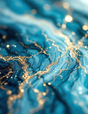 The primary subject of the image is a blue background with gold sparkles or glitter. The setting appears to be a water-like surface, possibly a pool or a body of water. The visual style of the image is a combination of a photo and digital art, creating a unique and eye-catching effect. The dominant colors are blue and gold, with the gold sparkles adding a sense of depth and movement to the scene. The overall atmosphere of the image is lively and captivating.