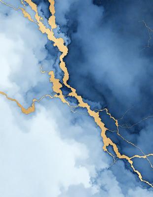 The primary subject of the image is a painting of a gold-colored crack in the sky. The setting is a cloudy blue sky, and the visual style is a digital artwork. The dominant colors are gold and blue, creating a sense of depth and contrast in the painting.