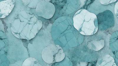 The primary subject of the image is a collection of white and blue marble-like shapes, which are arranged in a visually appealing manner. The setting is a blue marble surface, which serves as the background for the arrangement of these shapes. The visual style of the image is a combination of photo and digital art, creating a unique and artistic representation of the marble shapes. The dominant colors in the image are blue and white, giving the scene a calming and serene atmosphere.
