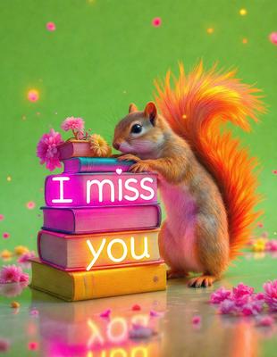 The primary subject of the image is a squirrel, which is sitting on top of a stack of books. The setting is a green background, and the visual style appears to be a digital art or illustration. The colors in the image are predominantly pink, which gives the scene a warm and inviting atmosphere.