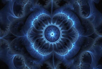 The primary subject of the image is a blue, swirling, and circular pattern. The setting is a blue background, and the visual style appears to be a digital art or illustration. The dominant colors are blue and purple, creating a calming and serene atmosphere.