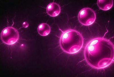 The primary subject of the image is a group of pink bubbles floating in a purple background. The setting appears to be a dark, purple-lit environment, which adds to the overall mood of the scene. The visual style of the image is a combination of photo and digital art, creating a unique and eye-catching display. The dominant colors in the image are pink and purple, which contribute to a sense of warmth and energy.