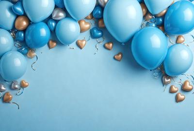 The primary subject of the image is a collection of blue and gold balloons. The balloons are floating in the air, creating a visually appealing scene. The setting is a blue background, which adds to the overall atmosphere of the image. The visual style is a combination of photo and digital art, as the balloons are depicted in a realistic manner while the background is digitally created. The colors and mood of the image are predominantly blue and gold, giving it a warm and inviting feel.