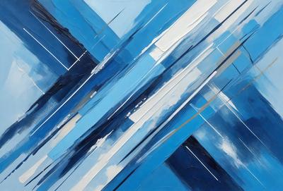 The primary subject of the image is a painting featuring a blue and white color scheme. The setting is a white wall, and the visual style appears to be a digital art or illustration. The painting creates a sense of depth and dimension, with the blue and white colors evoking a sense of calmness and tranquility.