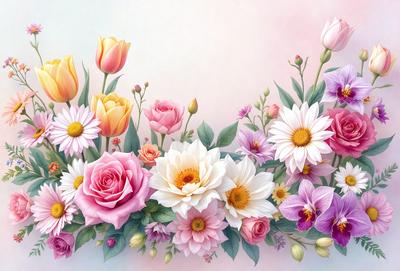 The primary subject of the image is a beautiful bouquet of flowers, featuring a variety of different types and colors. The flowers are arranged in a visually appealing manner, creating a sense of harmony and natural beauty. The setting is a white wall, which serves as a clean and uncluttered backdrop for the vibrant flowers. The visual style of the image is a painting, which adds a sense of artistic expression and creativity to the scene. The colors and mood of the painting are predominantly warm and inviting, with the flowers serving as the focal point and the white wall providing a sense of calm and tranquility.