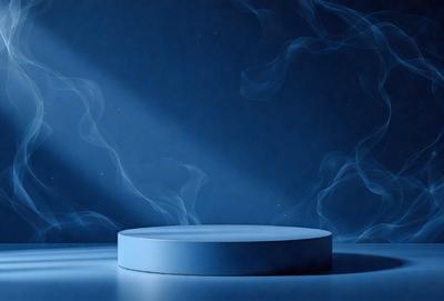 The primary subject of the image is a blue circle, which appears to be a light source. The setting is a dark room with a blue background, creating a moody atmosphere. The visual style is a combination of photo and digital art, as the blue circle is a digital creation. The colors and mood of the image are predominantly blue, with a sense of mystery and depth.