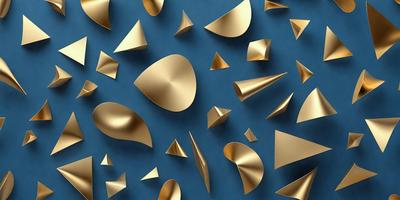 The primary subject of the image is a collection of gold triangles and bowls. These objects are arranged in various shapes and sizes, creating a visually appealing pattern. The setting is a blue background, which contrasts nicely with the gold triangles and bowls. The visual style of the image is a combination of digital art and illustration, giving it a unique and artistic appearance. The dominant colors in the image are gold and blue, creating a warm and inviting atmosphere.