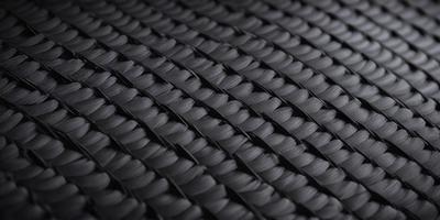 The primary subject of the image is a black, woven fabric. The setting is a black background, which creates a striking contrast with the fabric. The visual style is a close-up of the fabric, showcasing its texture and pattern. The colors and mood of the image are predominantly black, giving it a sleek and modern appearance.