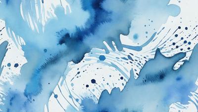 The primary subject of the image is a blue and white painting of a whale. The setting is a blue ocean, and the visual style is a watercolor painting. The dominant colors are blue and white, creating a serene and calming atmosphere.