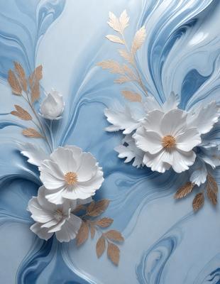 The primary subject of the image is a pair of white flowers with gold accents, placed on a blue background. The flowers are positioned in a way that they appear to be floating on the blue surface. The visual style of the image is a combination of photo and digital art, creating a realistic yet artistic representation of the flowers. The colors and mood of the image are predominantly blue and gold, giving it a serene and elegant atmosphere.