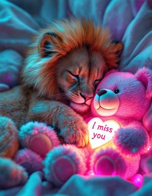 The primary subject of the image is a lion lying down next to a pink teddy bear. The setting is a bed, and the visual style appears to be a photo. The lion and the teddy bear are the main objects in the scene, and the colors are predominantly pink and purple, creating a warm and cozy atmosphere.