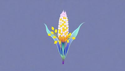 The primary subject of the image is a colorful cornflower, which is a part of a corn plant. The setting is a blue background, which adds to the overall mood of the image. The visual style is a combination of digital art and illustration, creating a vibrant and lively appearance. The dominant colors in the image are blue, yellow, and green, which contribute to a cheerful and lively atmosphere.