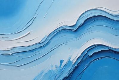 The primary subject of the image is a painting of a wave. The setting is a white and blue background, which adds to the visual style. The painting appears to be a digital art or illustration, as it captures the movement and texture of the wave. The dominant colors are blue and white, creating a calming and serene atmosphere.