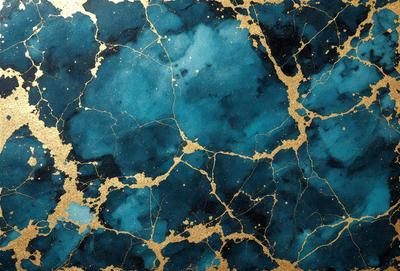 The primary subject of the image is a blue and gold marbled wallpaper. The setting is a room with a blue and gold marbled wallpapered wall. The visual style is a close-up of the wallpaper, showcasing its intricate design. The dominant colors are blue and gold, creating a luxurious and elegant atmosphere.