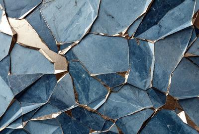 The primary subject of the image is a blue marble wall with a gold pattern. The setting is a room with a blue marble wall, and the visual style is a combination of photo and digital art. The dominant colors are blue and gold, creating a calm and sophisticated atmosphere.
