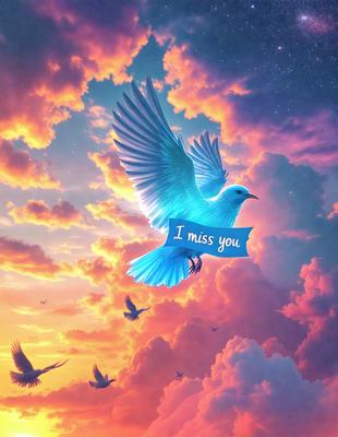 The primary subject of the image is a blue bird with a message on its chest. The bird is flying in a pink and blue sky, surrounded by a few other birds. The setting appears to be a cloudy sky, and the visual style is a digital art or illustration. The dominant colors in the image are pink, blue, and white, creating a warm and serene atmosphere.