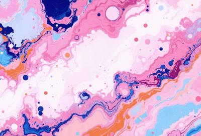 The primary subject of the image is a colorful, abstract painting featuring a mix of pink, blue, and orange hues. The painting is set against a white background, which contrasts with the vibrant colors of the artwork. The visual style of the painting appears to be a combination of digital art and illustration, creating a unique and eye-catching piece of art. The dominant colors in the painting are pink, blue, and orange, which together create a lively and energetic atmosphere.