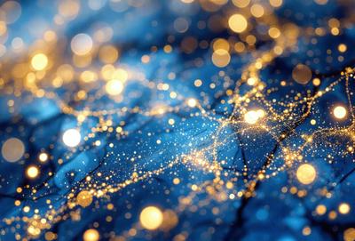 The primary subject of the image is a blue background with a pattern of bright, glowing lights. The setting appears to be a night sky, with the lights creating a mesmerizing effect. The visual style of the image is a combination of digital art and illustration, as the lights are arranged in a way that resembles a network or a web. The colors and mood of the image are predominantly blue and serene, with the glowing lights adding a sense of warmth and energy to the scene.