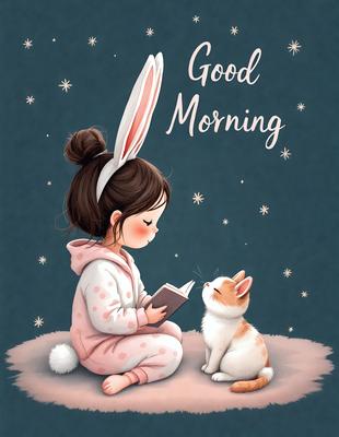 The primary subject of the image is a young girl sitting on the floor, reading a book. The setting is a cozy indoor environment, with a cat sitting next to her. The visual style is a digital illustration, creating a warm and inviting atmosphere. The colors are predominantly pink and white, which adds to the overall mood of the scene.