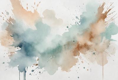 The primary subject of the image is a watercolor painting featuring a blue and green background with splashes of brown and orange. The setting is a white background, and the visual style is a watercolor painting. The colors and mood of the painting are vibrant and lively, with the blue and green creating a sense of calmness, while the brown and orange splashes add a touch of warmth and energy to the scene.