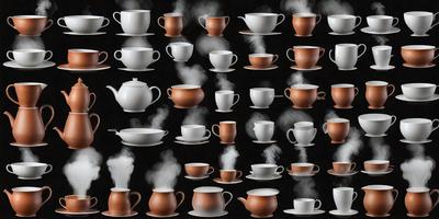 The primary subject of the image is a collection of coffee cups, each with steam coming out of them. The cups are arranged in a pattern, creating a visually appealing and artistic display. The setting is a black background, which contrasts with the cups and emphasizes their shapes and steam. The visual style is a combination of photo and digital art, as the cups are real objects, but the arrangement and overall composition are digitally created. The colors and mood of the image are predominantly black and white, with the steam adding a touch of warmth and contrast to the scene.