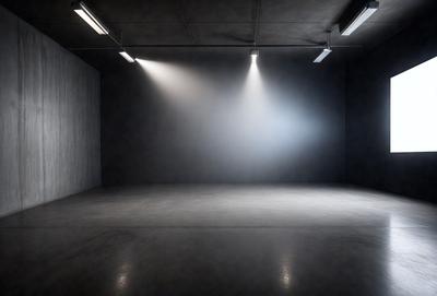 The primary subject of the image is a large, empty room with a concrete floor. The room is illuminated by a series of bright lights, creating a dramatic and moody atmosphere. The setting is a dark room with a concrete floor, and the visual style appears to be a photo. The colors and mood of the image are predominantly dark, with the bright lights creating a stark contrast against the dim surroundings.