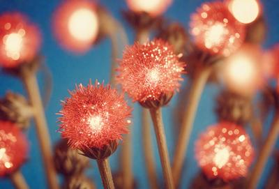 The primary subject of the image is a group of red flowers with bright lights shining through them. The flowers are placed on a blue background, creating a visually striking scene. The visual style of the image is a combination of photo and digital art, as the flowers appear to be lit up with a glowing effect. The colors and mood of the image are predominantly red and vibrant, giving the impression of a warm and lively atmosphere.