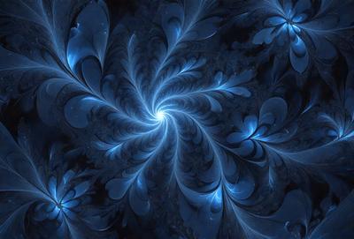 The primary subject of the image is a blue spiral pattern, which is the main object, scene, or focus of the image. The setting or background features a blue and black swirling pattern, which adds to the visual style of the image. The colors and mood of the image are predominantly blue, creating a calm and serene atmosphere.