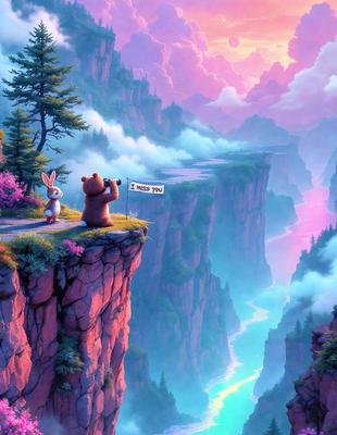 The primary subject of the image is a teddy bear standing on a cliff, holding a sign that says "I miss you." The setting is a mountainous landscape with a cloudy sky, and the visual style is a digital art or illustration. The colors and mood of the image are predominantly pink and purple, creating a sense of warmth and nostalgia.
