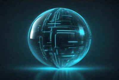 The primary subject of the image is a large, blue, glass-like ball with a complex, intricate design. The ball is floating in a dark, blue space, giving it a futuristic and mysterious appearance. The visual style of the image is a combination of digital art and illustration, creating a unique and captivating scene. The colors and mood of the image are predominantly dark and moody, with the blue hues of the ball and the space creating a sense of depth and mystery.