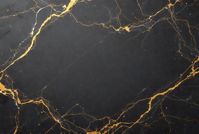 The primary subject of the image is a black marble countertop with gold veins running through it. The setting is a kitchen, and the visual style is a close-up of the marble countertop. The colors and mood of the image are predominantly black and gold, giving it a luxurious and elegant appearance.