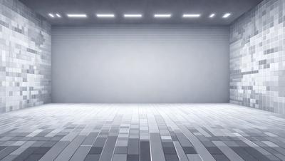 The primary subject of the image is a large, empty stage with a gray background. The setting is a theater or a performance venue, and the visual style is a combination of photo and digital art. The colors and mood of the image are predominantly gray and neutral, creating a sense of emptiness and anticipation for the upcoming performance.
