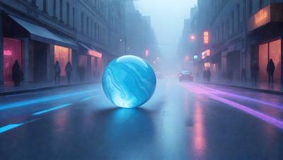 The primary subject of the image is a large, blue, swirly ball located in the middle of a city street. The setting is a rainy night, with the street illuminated by streetlights. The visual style appears to be a digital art or illustration, creating a unique and eye-catching scene. The dominant colors are blue and purple, giving the image a moody and atmospheric feel.
