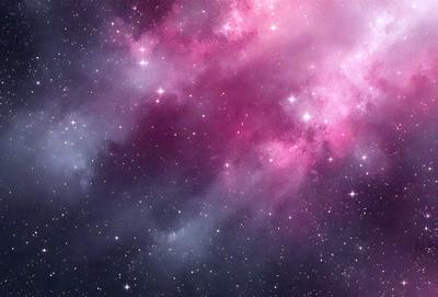 The primary subject of the image is a beautiful, colorful, and vibrant space scene. The setting is a dark, star-filled sky, with the stars creating a mesmerizing backdrop. The visual style of the image is a combination of photo and digital art, creating a unique and captivating representation of the cosmos. The colors and mood of the image are predominantly pink and purple, giving it a warm and inviting atmosphere.