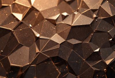 The primary subject of the image is a close-up of a shiny, metallic surface with a pattern of hexagons. The setting is a dark room, and the visual style appears to be a combination of a photo and digital art. The colors and mood of the image are predominantly dark, with the shiny surface and hexagons creating a contrasting and visually appealing effect.