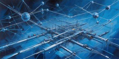The primary subject of the image is a futuristic cityscape, featuring a large, complex network of interconnected buildings and structures. The setting is a blue sky, which serves as the backdrop for the intricate network of buildings. The visual style of the image is a combination of digital art and illustration, creating a sense of depth and detail in the scene. The colors and mood of the image are predominantly blue, which adds to the futuristic and technological atmosphere of the cityscape.