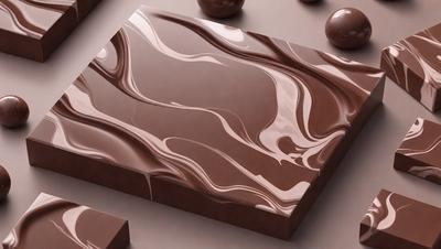 The primary subject of the image is a square piece of chocolate cake with a marbled pattern. The cake is placed on a table, which serves as the setting. The visual style of the image is a close-up of the cake, showcasing its texture and details. The colors and mood of the image are predominantly brown, giving it a warm and inviting atmosphere.