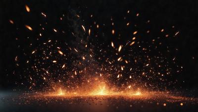 The primary subject of the image is a fire, with flames and sparks visible in the foreground. The setting is a dark background, which contrasts with the fire's brightness. The visual style is a close-up of the fire, capturing its intensity and movement. The colors are predominantly orange and yellow, creating a warm and energetic atmosphere.