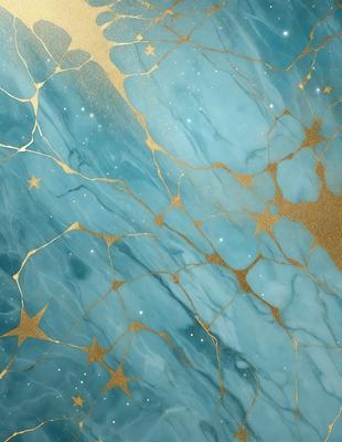 The primary subject of the image is a blue and gold marbled wall with a star pattern. The setting is a room with a blue and gold marbled wall, and the visual style is a combination of digital art and illustration. The dominant colors are blue and gold, creating a luxurious and elegant atmosphere.