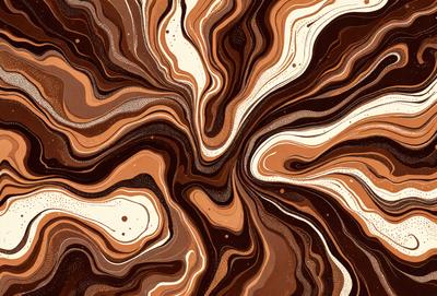 The primary subject of the image is a close-up of a brown and white swirling pattern, which appears to be a painting or a digital artwork. The setting is a brown and white background, and the visual style is a combination of photo and digital art. The colors and mood of the image are predominantly brown and white, creating a sense of depth and intricacy in the swirling pattern.